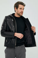 Danger Black Men's Hooded Sports Leather Jacket | Derimod Danger Black Men's Hooded Sports Leather Jacket | Derimod