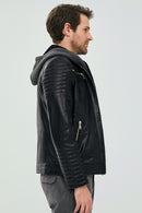 Danger Black Men's Hooded Sports Leather Jacket | Derimod Danger Black Men's Hooded Sports Leather Jacket | Derimod