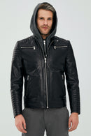 Danger Black Men's Hooded Sports Leather Jacket | Derimod Danger Black Men's Hooded Sports Leather Jacket | Derimod