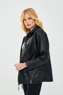 Nancy Kadın Siyah Oversize Deri Ceket | Derimod Nancy Kadın Siyah Oversize Deri Ceket | Derimod