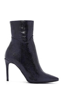 Women's Navy Blue Patent Leather Thin Heeled Boots | Derimod Women's Navy Blue Patent Leather Thin Heeled Boots | Derimod