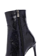 Women's Navy Blue Patent Leather Thin Heeled Boots | Derimod Women's Navy Blue Patent Leather Thin Heeled Boots | Derimod