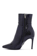 Women's Navy Blue Patent Leather Thin Heeled Boots | Derimod Women's Navy Blue Patent Leather Thin Heeled Boots | Derimod