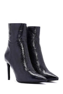 Women's Navy Blue Patent Leather Thin Heeled Boots | Derimod Women's Navy Blue Patent Leather Thin Heeled Boots | Derimod