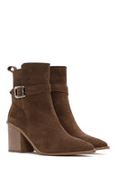 Women's Tan Suede Leather Heeled Boots | Derimod Women's Tan Suede Leather Heeled Boots | Derimod