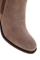 Women's Beige Thick Heeled Zippered Suede Leather Boots | Derimod Women's Beige Thick Heeled Zippered Suede Leather Boots | Derimod