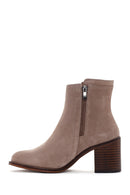 Women's Beige Thick Heeled Zippered Suede Leather Boots | Derimod Women's Beige Thick Heeled Zippered Suede Leather Boots | Derimod