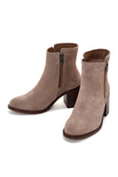 Women's Beige Thick Heeled Zippered Suede Leather Boots | Derimod Women's Beige Thick Heeled Zippered Suede Leather Boots | Derimod
