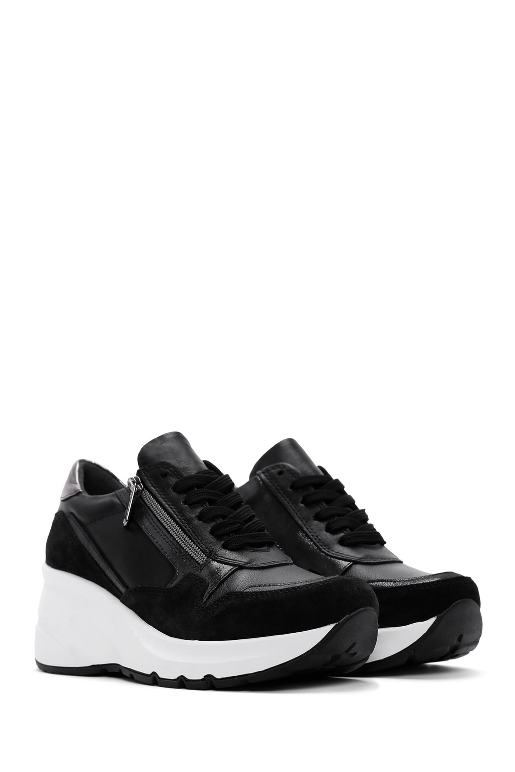 Kadın Siyah Deri Kalın Tabanlı Sneaker