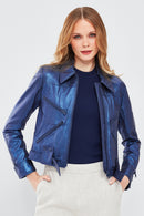 Sirena Women's Navy Blue Short Leather Jacket | Derimod Sirena Women's Navy Blue Short Leather Jacket | Derimod