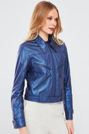Sirena Women's Navy Blue Short Leather Jacket | Derimod Sirena Women's Navy Blue Short Leather Jacket | Derimod