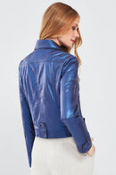 Sirena Women's Navy Blue Short Leather Jacket | Derimod Sirena Women's Navy Blue Short Leather Jacket | Derimod