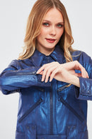 Sirena Women's Navy Blue Short Leather Jacket | Derimod Sirena Women's Navy Blue Short Leather Jacket | Derimod