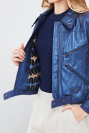 Sirena Women's Navy Blue Short Leather Jacket | Derimod Sirena Women's Navy Blue Short Leather Jacket | Derimod