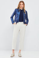 Sirena Women's Navy Blue Short Leather Jacket | Derimod Sirena Women's Navy Blue Short Leather Jacket | Derimod
