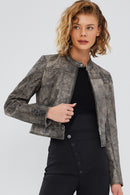 Zoey Kadın Gri Vintage Kısa Deri Mont | Derimod Zoey Kadın Gri Vintage Kısa Deri Mont | Derimod