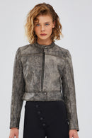 Zoey Kadın Gri Vintage Kısa Deri Mont | Derimod Zoey Kadın Gri Vintage Kısa Deri Mont | Derimod