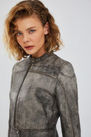 Zoey Kadın Gri Vintage Kısa Deri Mont | Derimod Zoey Kadın Gri Vintage Kısa Deri Mont | Derimod