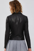 Bella Kadın Siyah Slim-Fit Biker Deri Ceket | Derimod Bella Kadın Siyah Slim-Fit Biker Deri Ceket | Derimod