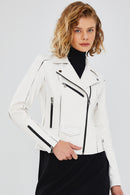 Bella Kadın Beyaz Slim-Fit Biker Deri Ceket | Derimod Bella Kadın Beyaz Slim-Fit Biker Deri Ceket | Derimod
