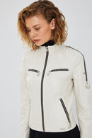 Tara Women's Beige Short Leather Jacket | Derimod Tara Women's Beige Short Leather Jacket | Derimod