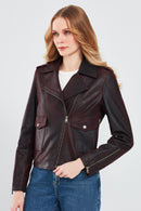 Amor Women's Burgundy Biker Leather Jacket | Derimod Amor Women's Burgundy Biker Leather Jacket | Derimod