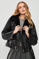 Mexico Kadın Siyah Teddy Biker Deri Ceket | Derimod Mexico Kadın Siyah Teddy Biker Deri Ceket | Derimod