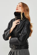 Mexico Kadın Siyah Teddy Biker Deri Ceket | Derimod Mexico Kadın Siyah Teddy Biker Deri Ceket | Derimod