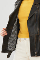 Mayfair Kadın Kahverengi Vintage Uzun Biker Deri Ceket | Derimod Mayfair Kadın Kahverengi Vintage Uzun Biker Deri Ceket | Derimod