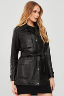 Anastasia Women's Black Leather Coat | Derimod Anastasia Women's Black Leather Coat | Derimod