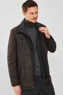 Fernandes Men's Brown Double Collar Nubuck Leather Coat | Derimod Fernandes Men's Brown Double Collar Nubuck Leather Coat | Derimod