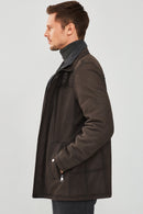 Fernandes Men's Brown Double Collar Nubuck Leather Coat | Derimod Fernandes Men's Brown Double Collar Nubuck Leather Coat | Derimod