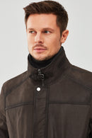 Fernandes Men's Brown Double Collar Nubuck Leather Coat | Derimod Fernandes Men's Brown Double Collar Nubuck Leather Coat | Derimod