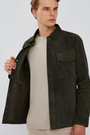 Navas Men's Green Shirt Style Suede Leather Jacket | Derimod Navas Men's Green Shirt Style Suede Leather Jacket | Derimod