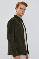 Navas Men's Green Shirt Style Suede Leather Jacket | Derimod Navas Men's Green Shirt Style Suede Leather Jacket | Derimod