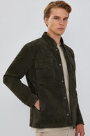Navas Men's Green Shirt Style Suede Leather Jacket | Derimod Navas Men's Green Shirt Style Suede Leather Jacket | Derimod