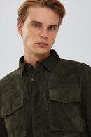 Navas Men's Green Shirt Style Suede Leather Jacket | Derimod Navas Men's Green Shirt Style Suede Leather Jacket | Derimod