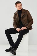 Carter Men's Brown Biker Leather Coat | Derimod Carter Men's Brown Biker Leather Coat | Derimod