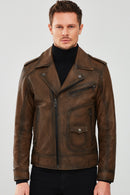 Carter Men's Brown Biker Leather Coat | Derimod Carter Men's Brown Biker Leather Coat | Derimod