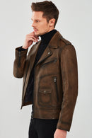 Carter Men's Brown Biker Leather Coat | Derimod Carter Men's Brown Biker Leather Coat | Derimod