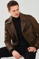 Carter Men's Brown Biker Leather Coat | Derimod Carter Men's Brown Biker Leather Coat | Derimod