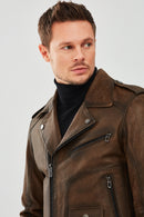 Carter Men's Brown Biker Leather Coat | Derimod Carter Men's Brown Biker Leather Coat | Derimod