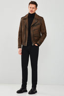 Carter Men's Brown Biker Leather Coat | Derimod Carter Men's Brown Biker Leather Coat | Derimod