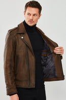 Carter Men's Brown Biker Leather Coat | Derimod Carter Men's Brown Biker Leather Coat | Derimod