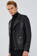 Carter Men's Black Biker Leather Coat | Derimod Carter Men's Black Biker Leather Coat | Derimod