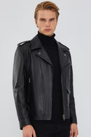 Carter Men's Black Biker Leather Coat | Derimod Carter Men's Black Biker Leather Coat | Derimod