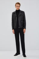 Carter Men's Black Biker Leather Coat | Derimod Carter Men's Black Biker Leather Coat | Derimod