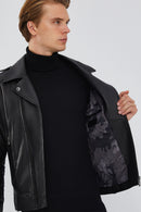 Carter Men's Black Biker Leather Coat | Derimod Carter Men's Black Biker Leather Coat | Derimod
