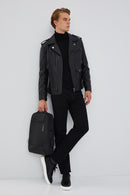 Carter Men's Black Biker Leather Coat | Derimod Carter Men's Black Biker Leather Coat | Derimod