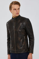 Durant Men's Brown Slim-Fit Vintage Leather Jacket | Derimod Durant Men's Brown Slim-Fit Vintage Leather Jacket | Derimod